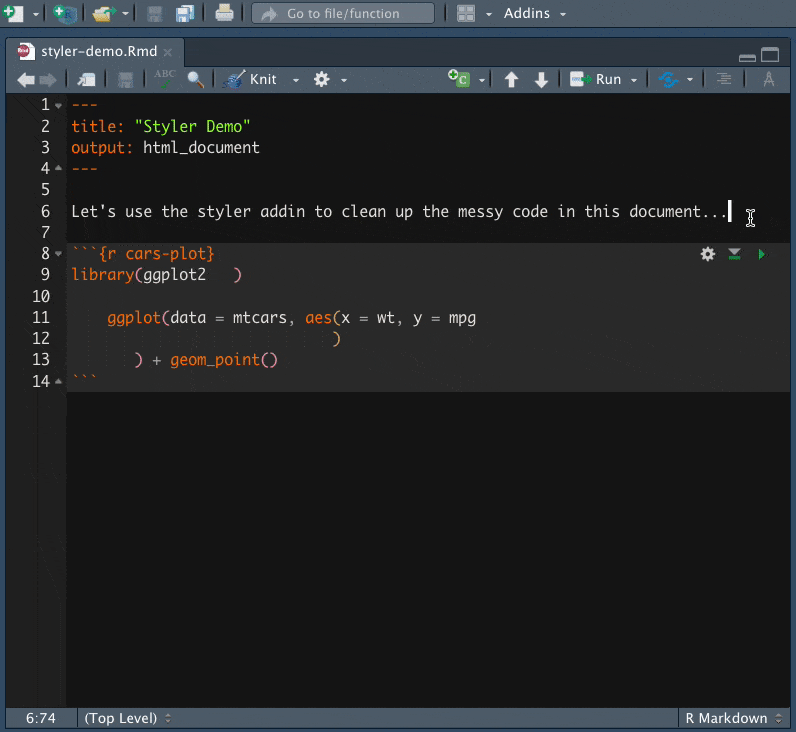 Cleaning up messy code with the Styler addin