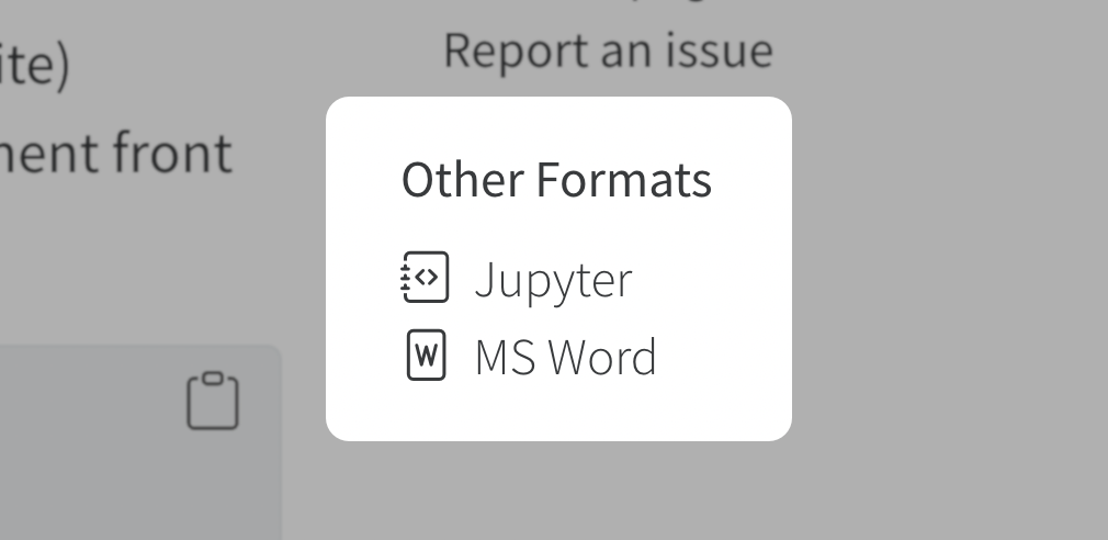 Screenshot of a Quarto webpage showing a section entitled 'Other Formats' with items Jupyter and MS Word