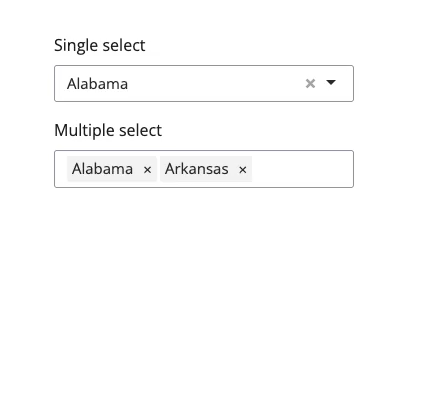 A demo with two select inputs. The first allows a single value and uses the clear_button plugin. An X on the select input allows the user to clear the selection. The second input allows multiple values and uses the remove_button plugin. Each selected value has an X that allows the user to remove the value.