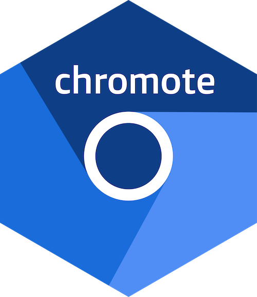 The chromote logo, featuring a minimalist design inspired by the Chrome browser logo. The text 'chromote' appears in white lowercase letters above a white circular ring reminiscent of Chrome's central element. The entire design is set within a hexagonal shape composed of geometric sections in varying shades of blue, from deep navy to lighter blue.