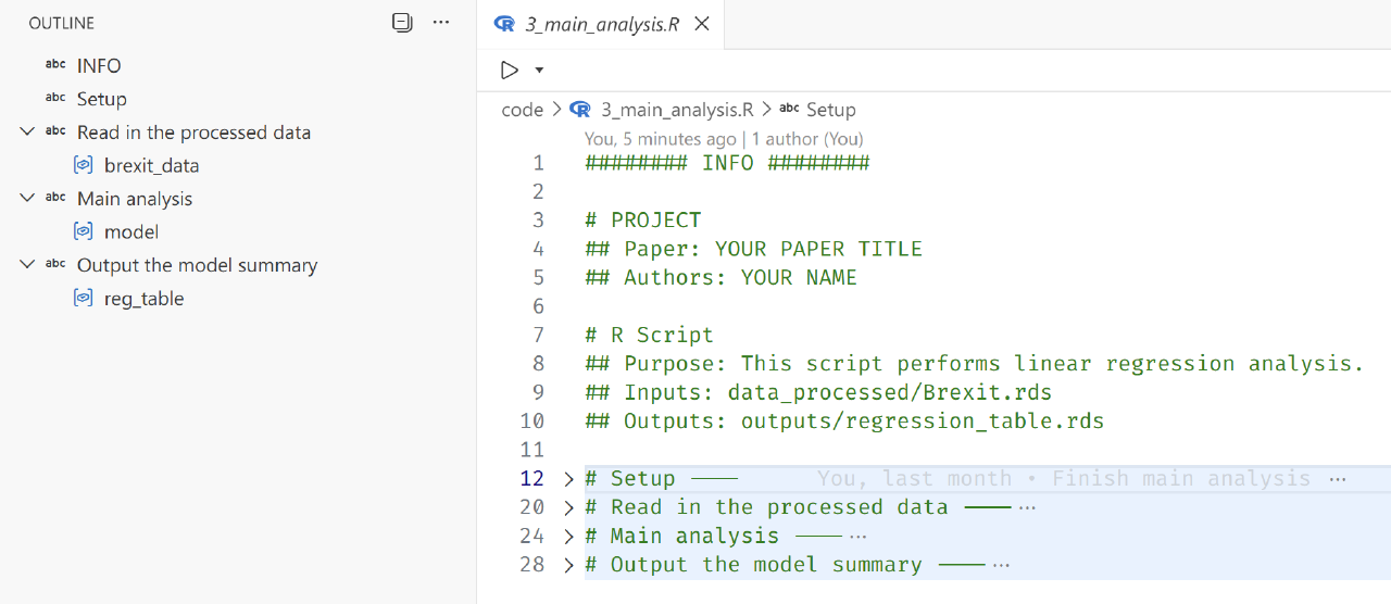 Diagram of a structured reproducible research project layout with folders for data, code, and manuscript